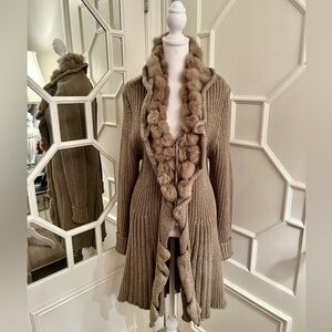 Shana K Wool Luxury Cardigan With Genuine Fur Collar Trim Size L NWOT